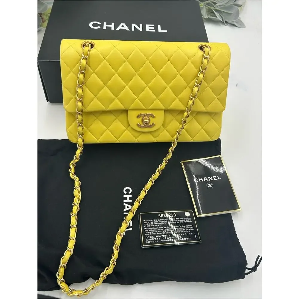 Women's Chanel Classic Quilted double Flap Bag in Yellow with Gold Hardware